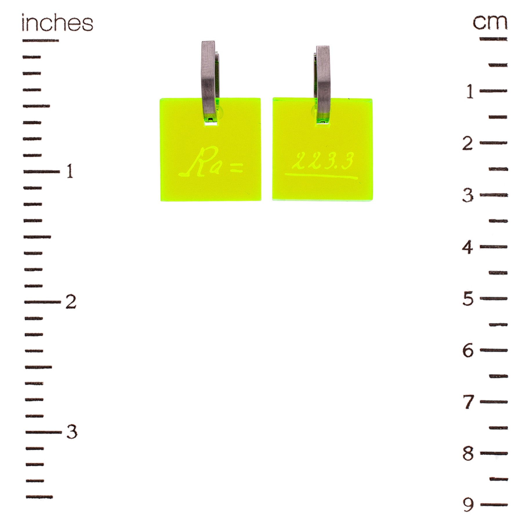 Neon radium Marie Curie science earrings with engraved lab notes and stainless hoop