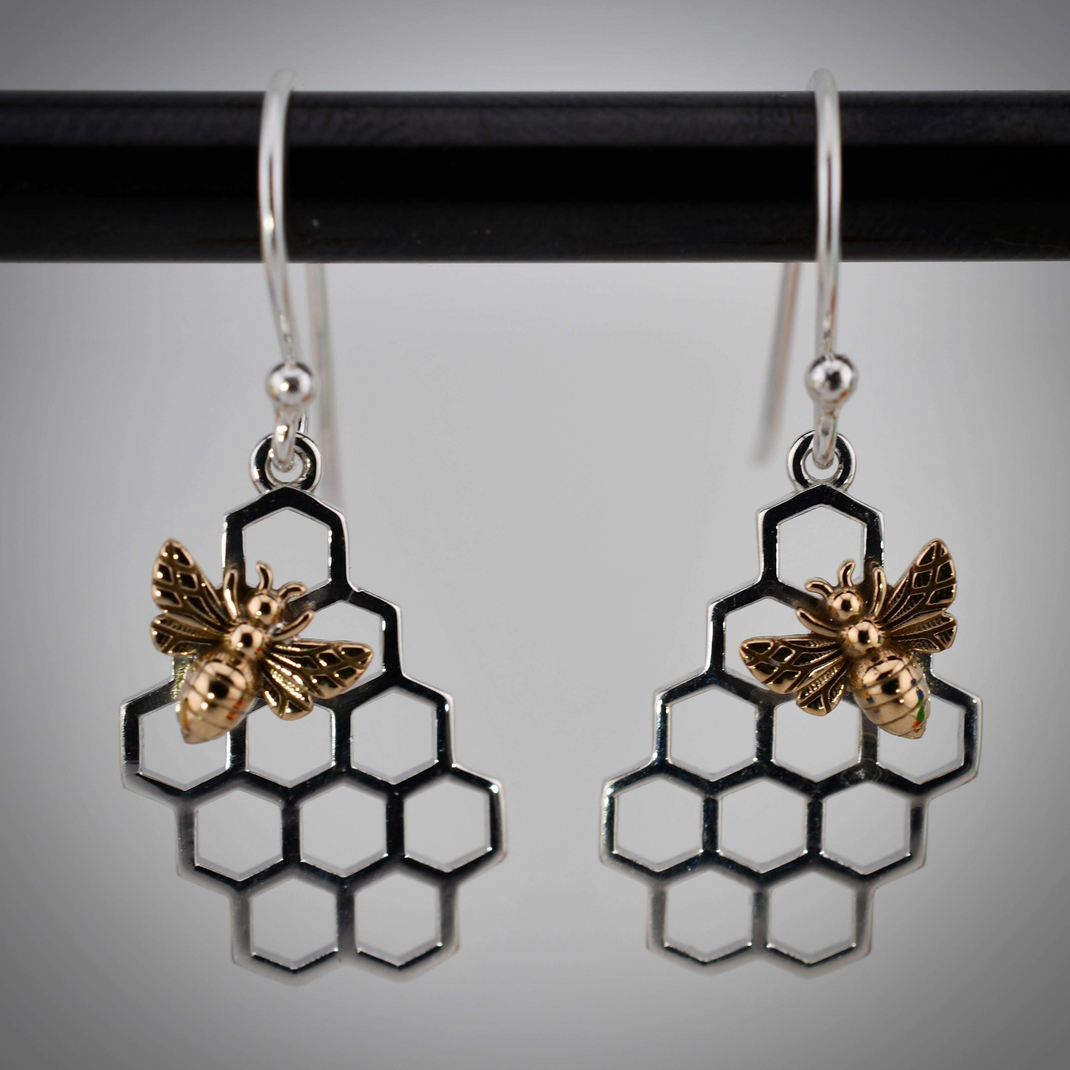 Recycled Sterling Silver Honeycomb Dangle Earrings with Bronze Bee Nina Designs Harold & Hazel