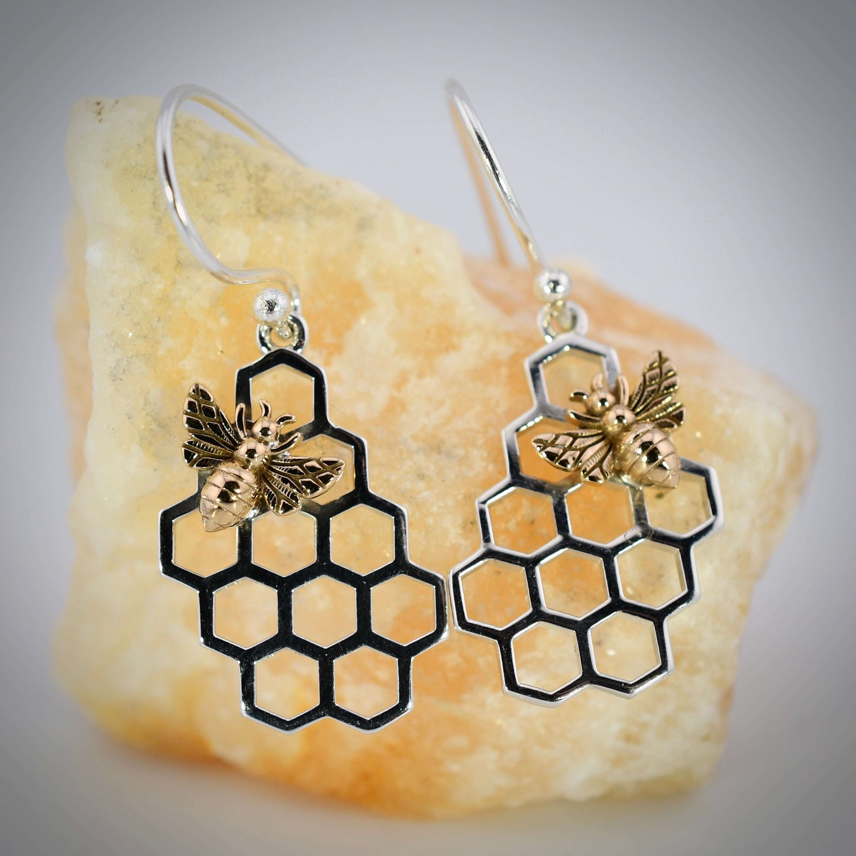 Recycled Sterling Silver Honeycomb Dangle Earrings with Bronze Bee Nina Designs Harold & Hazel