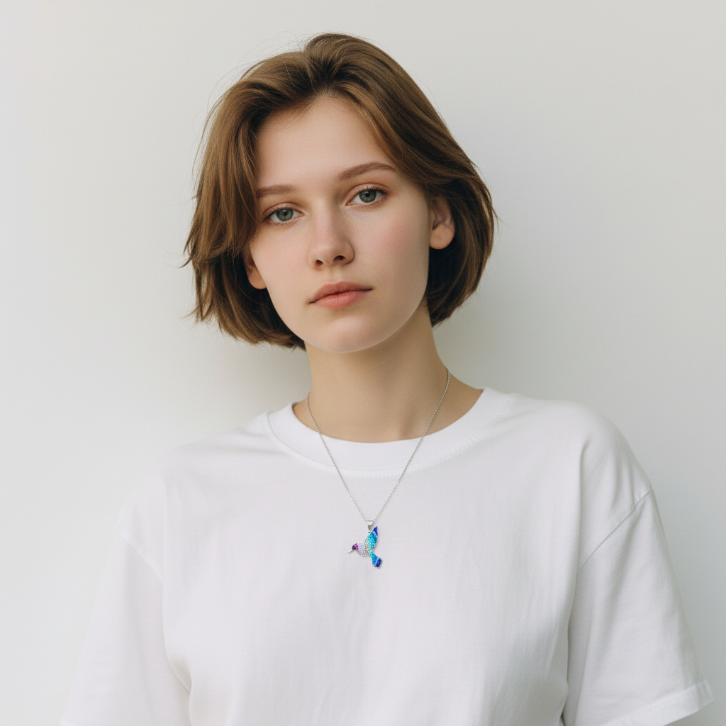 Sterling silver hummingbird necklace with iridescent blue, purple, and peach crystal wings, worn by a young woman.