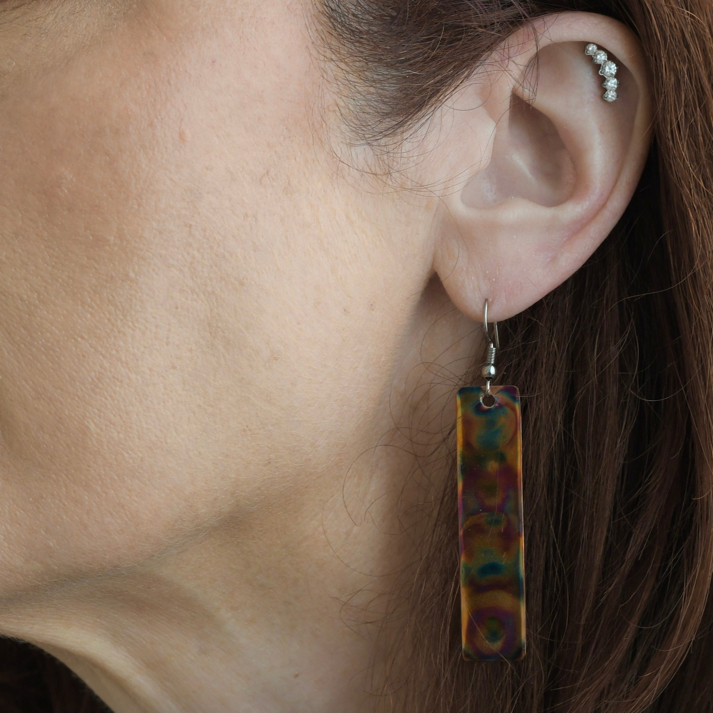 Flame Painted Copper Rectangle Earrings