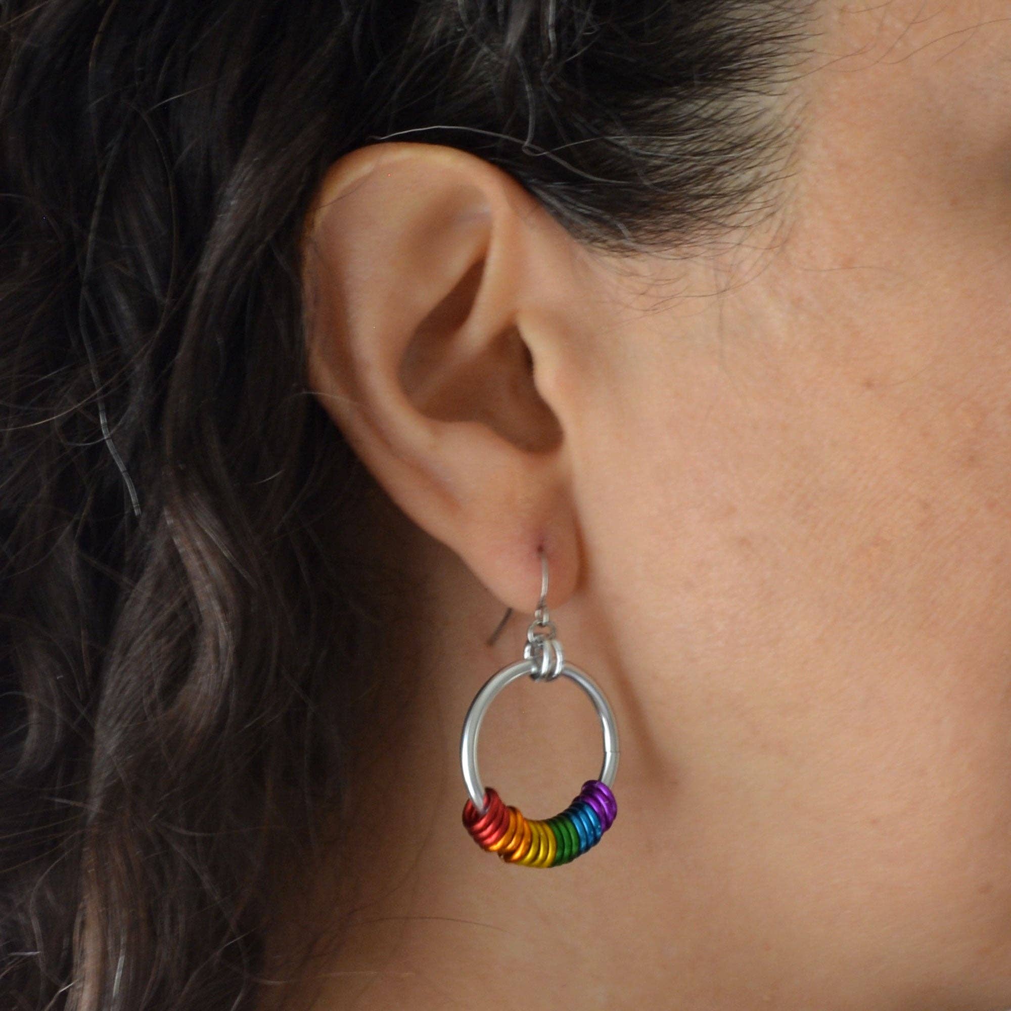 Rainbow Progress Pride Chainmaille Hoop Earring