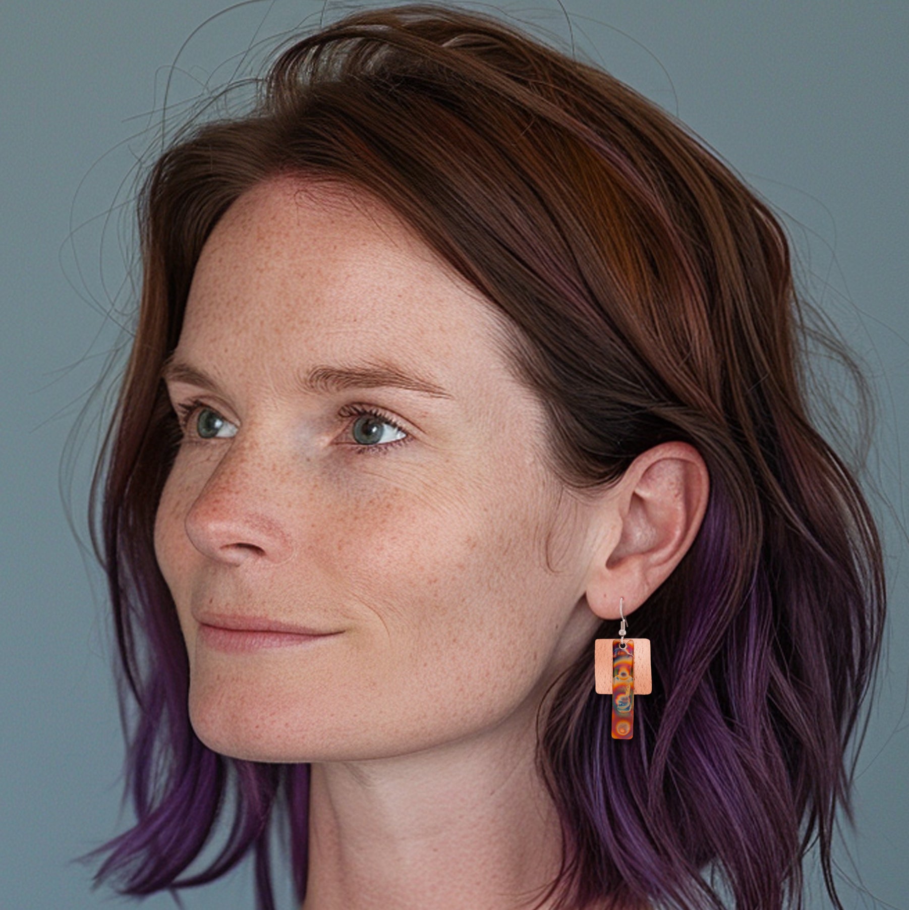 Flame Painted Copper Layered Earrings