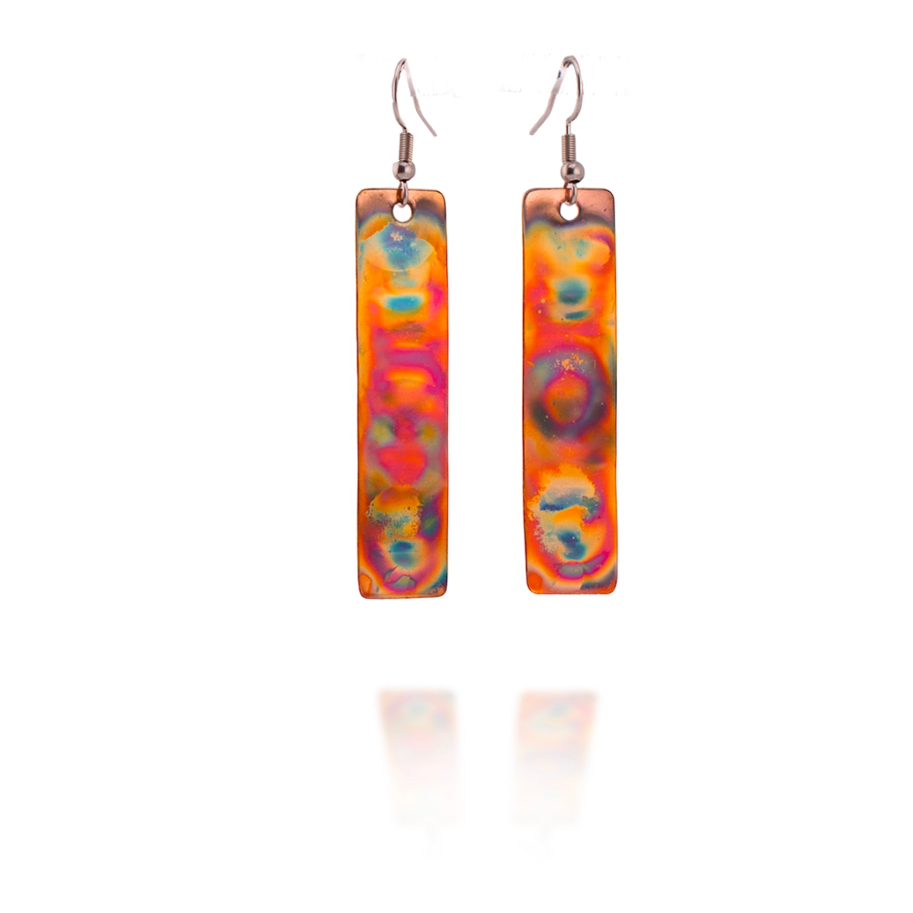 Flame Painted Copper Rectangle Earrings