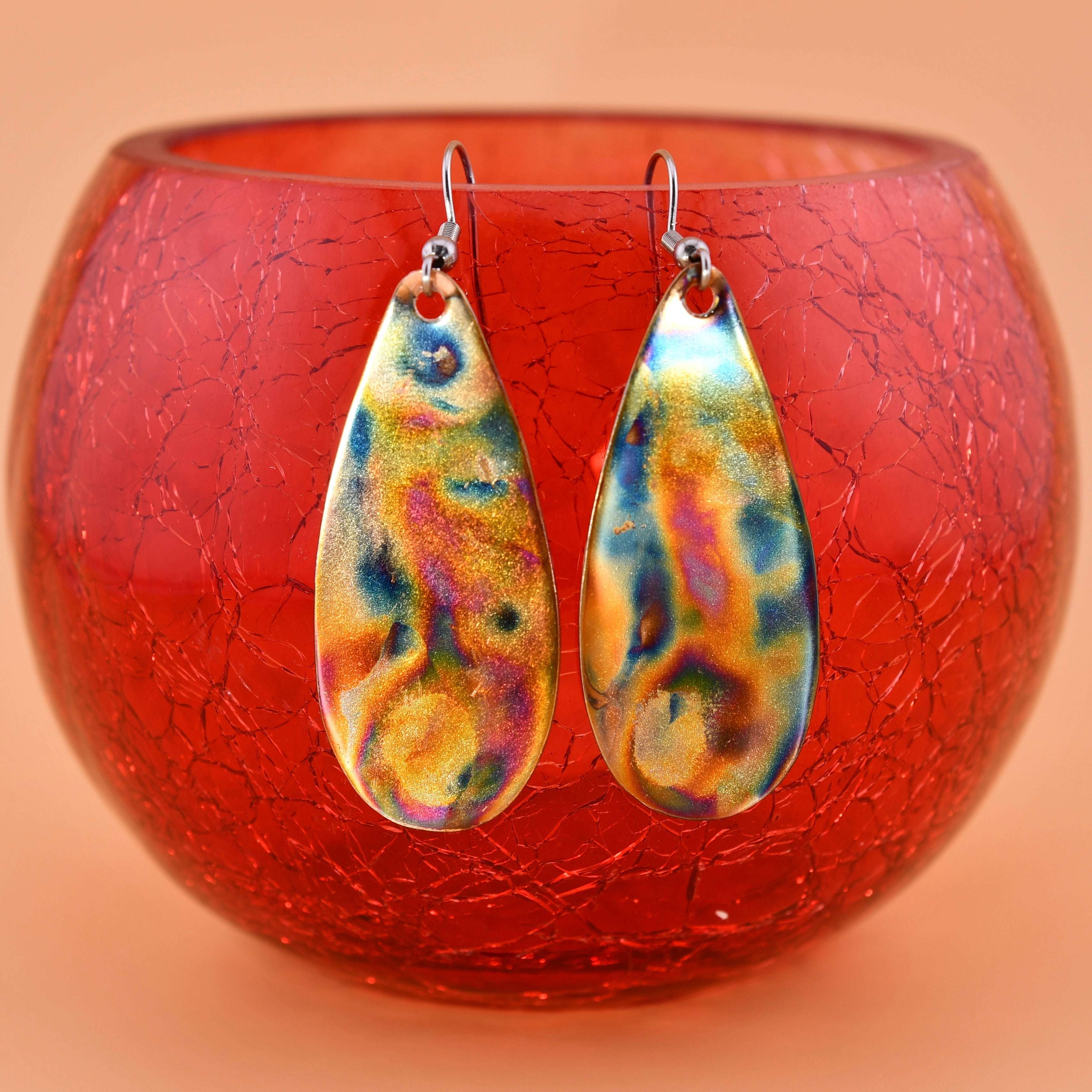 Flame Painted Copper Teardrop Earrings Covaly Artisan Jewelry Harold & Hazel