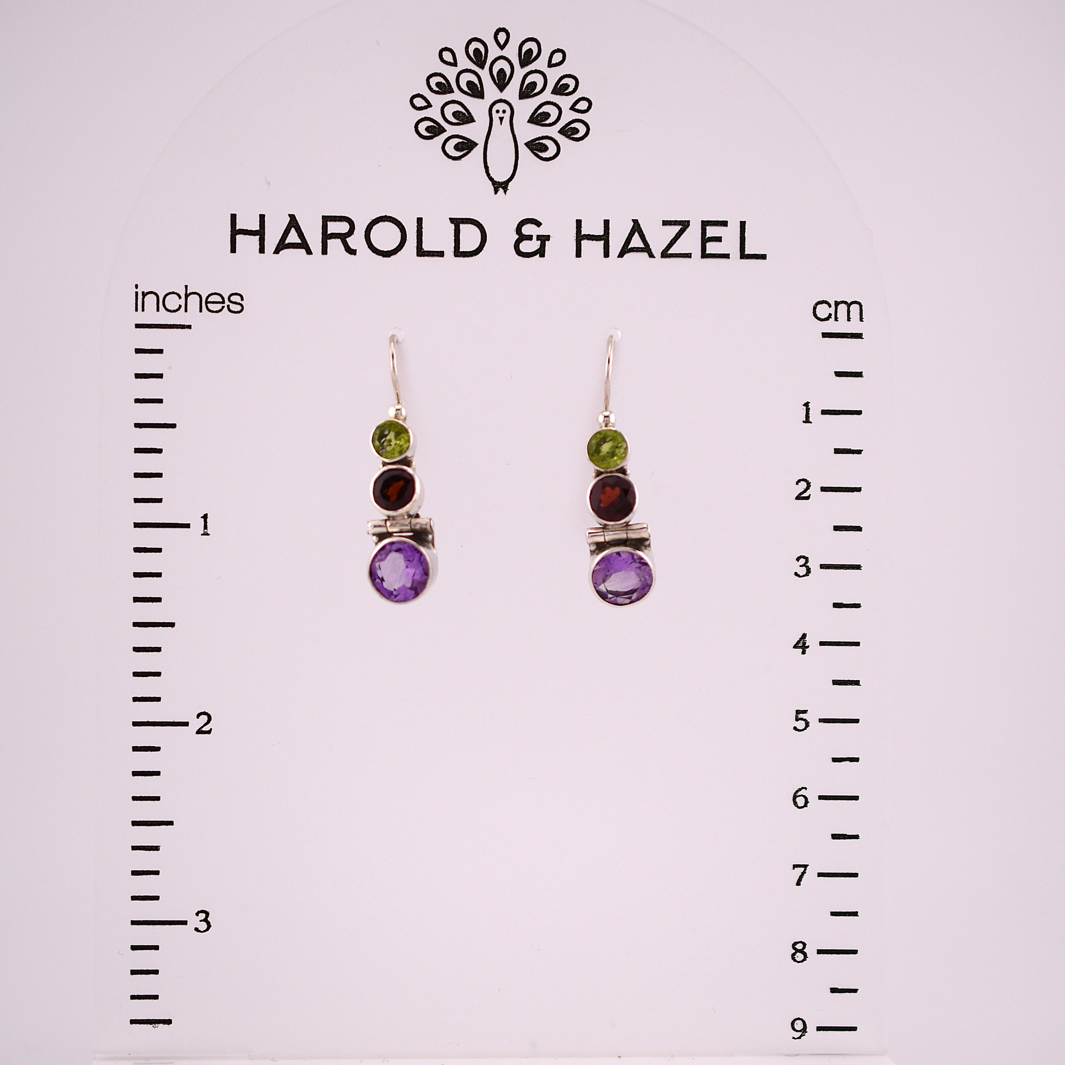 Hinged Peridot, Garnet, & Amethyst Earrings