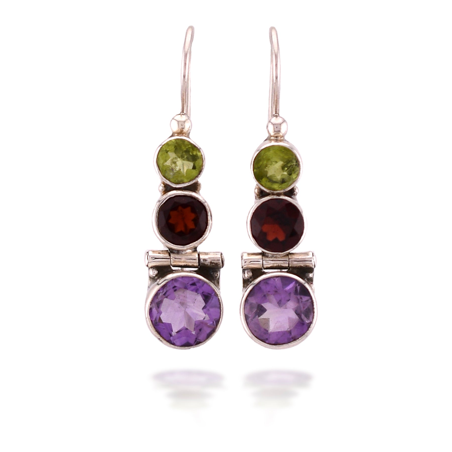 Hinged Peridot, Garnet, & Amethyst Earrings