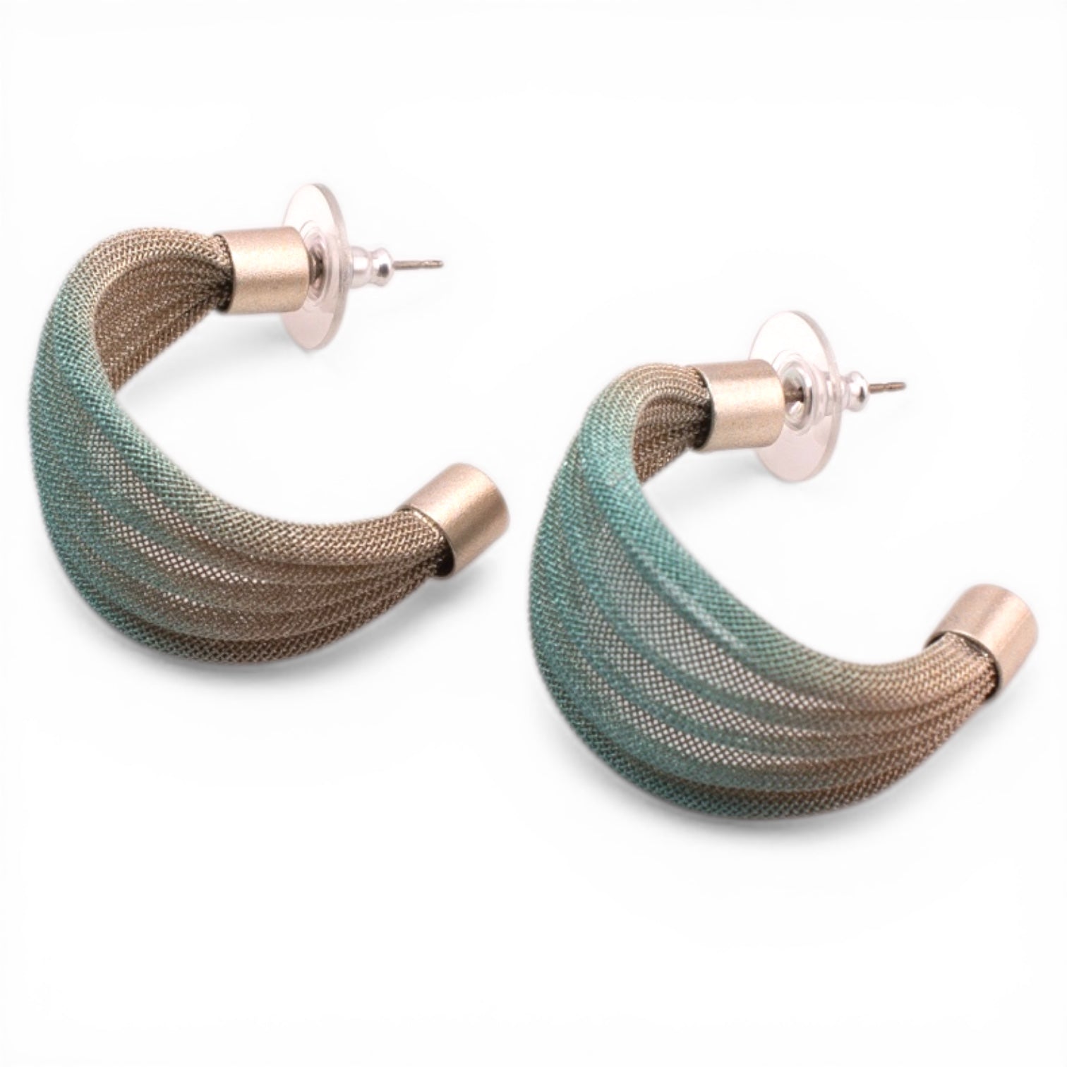 Pleated Wire Cloth Hoop Earrings: Silver Aqua