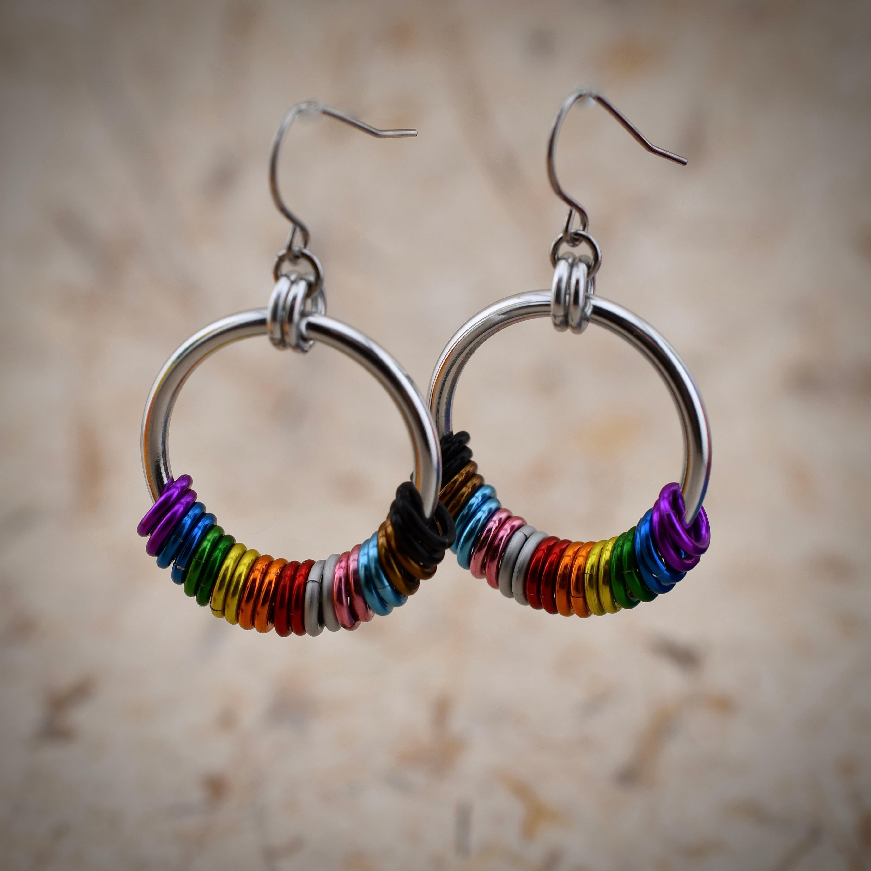 Rainbow Progress Pride Chainmaille Hoop Earring