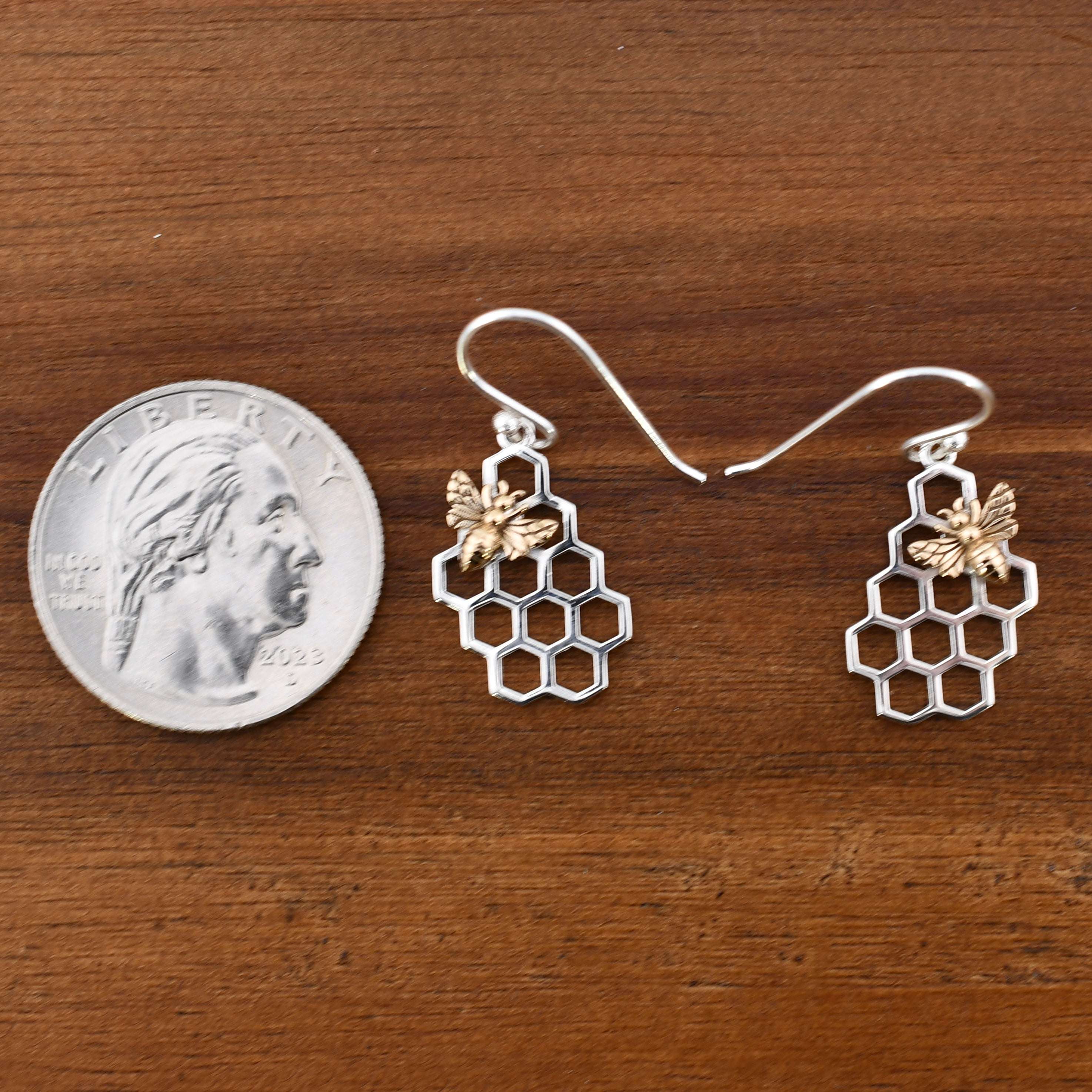 Recycled Sterling Silver Honeycomb Dangle Earrings with Bronze Bee Nina Designs Harold & Hazel