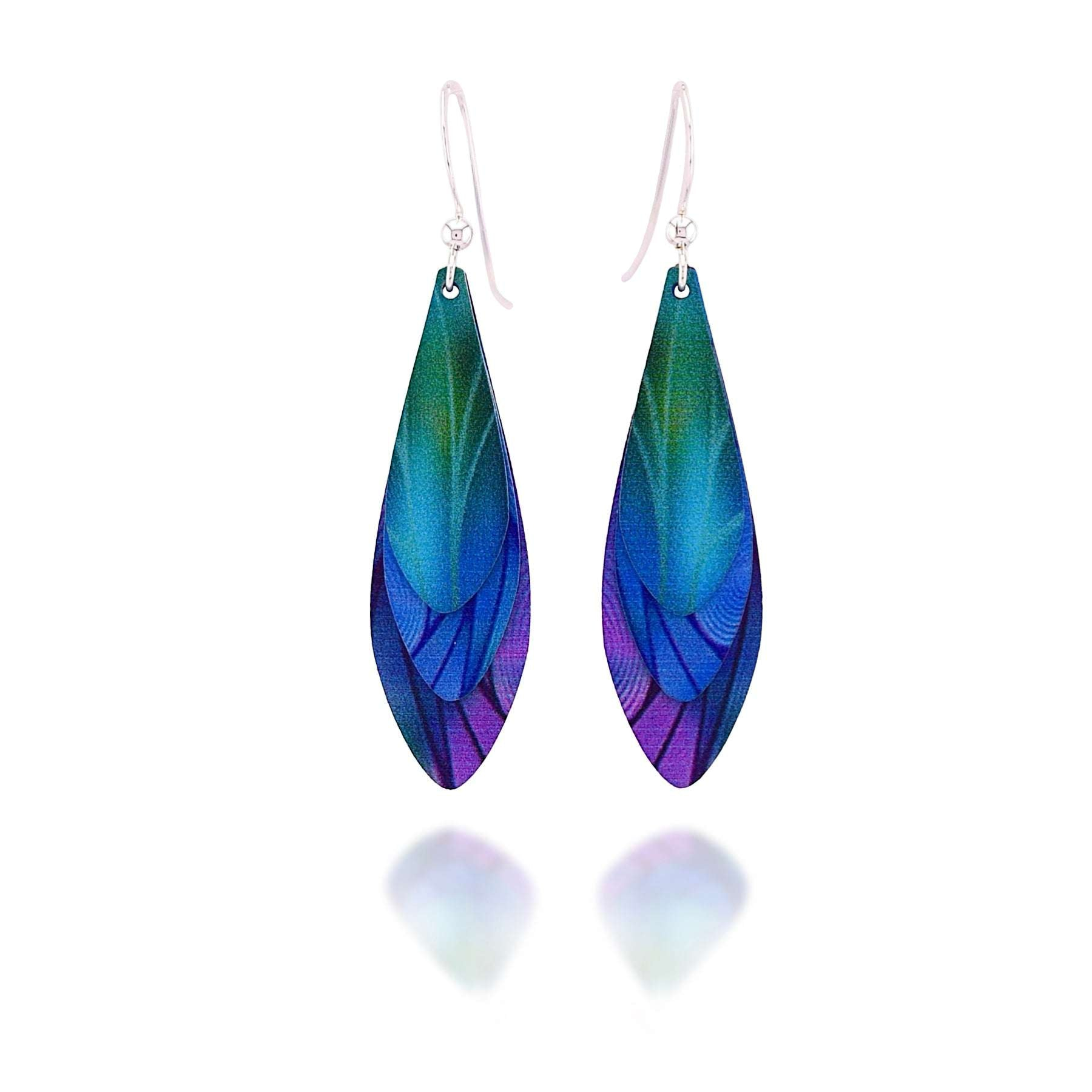 Layered stainless steel feather earrings in iridescent blue, green, and purple hues with sterling silver ear wires.