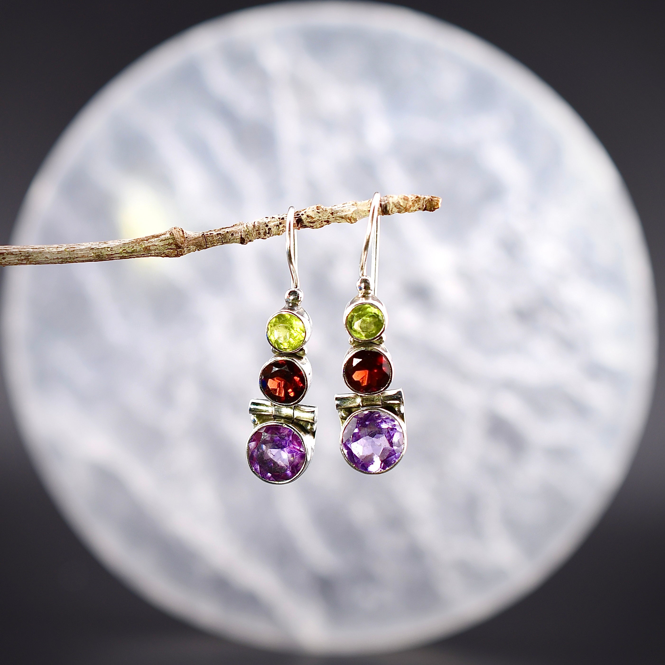 Hinged Peridot, Garnet, & Amethyst Earrings