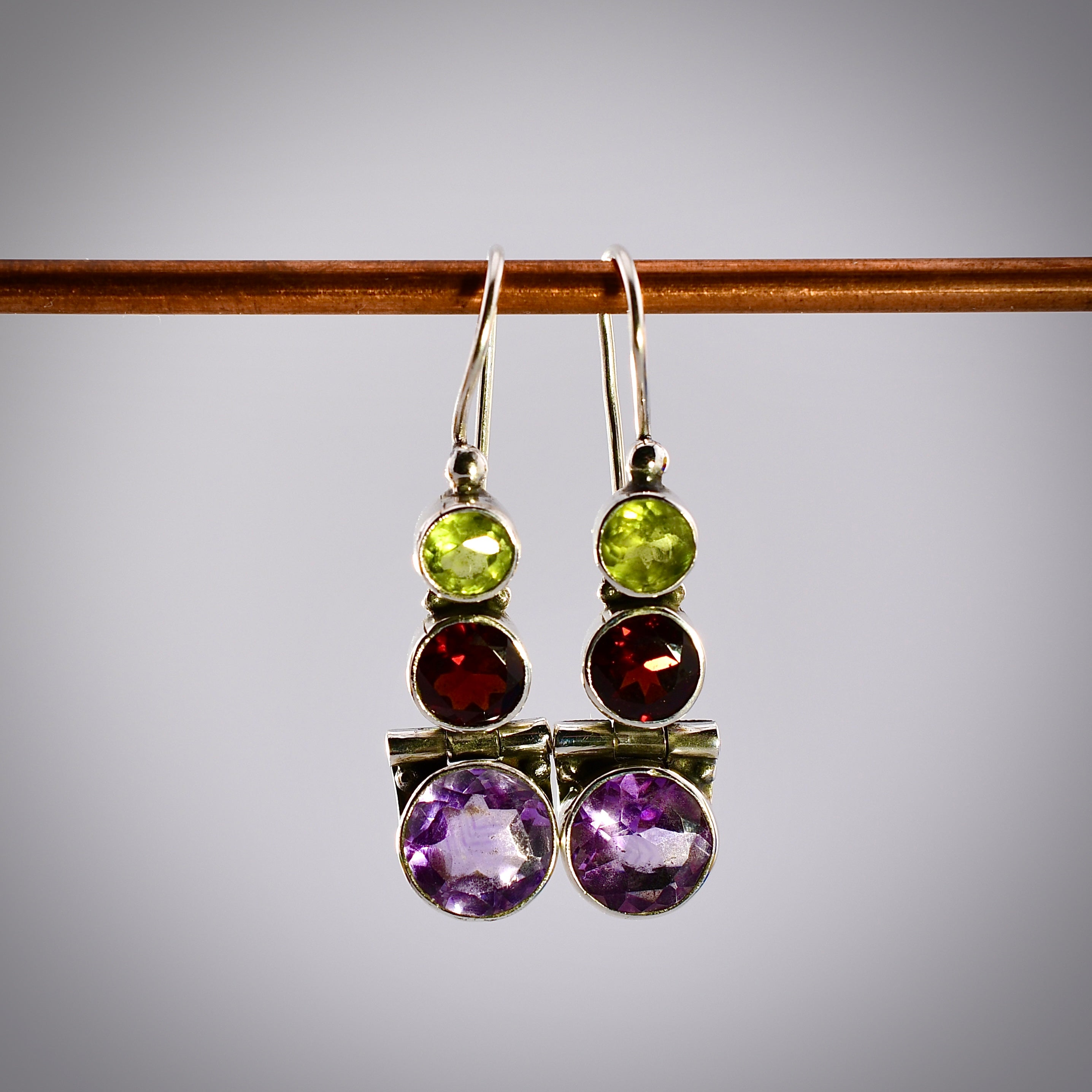 Hinged Peridot, Garnet, & Amethyst Earrings