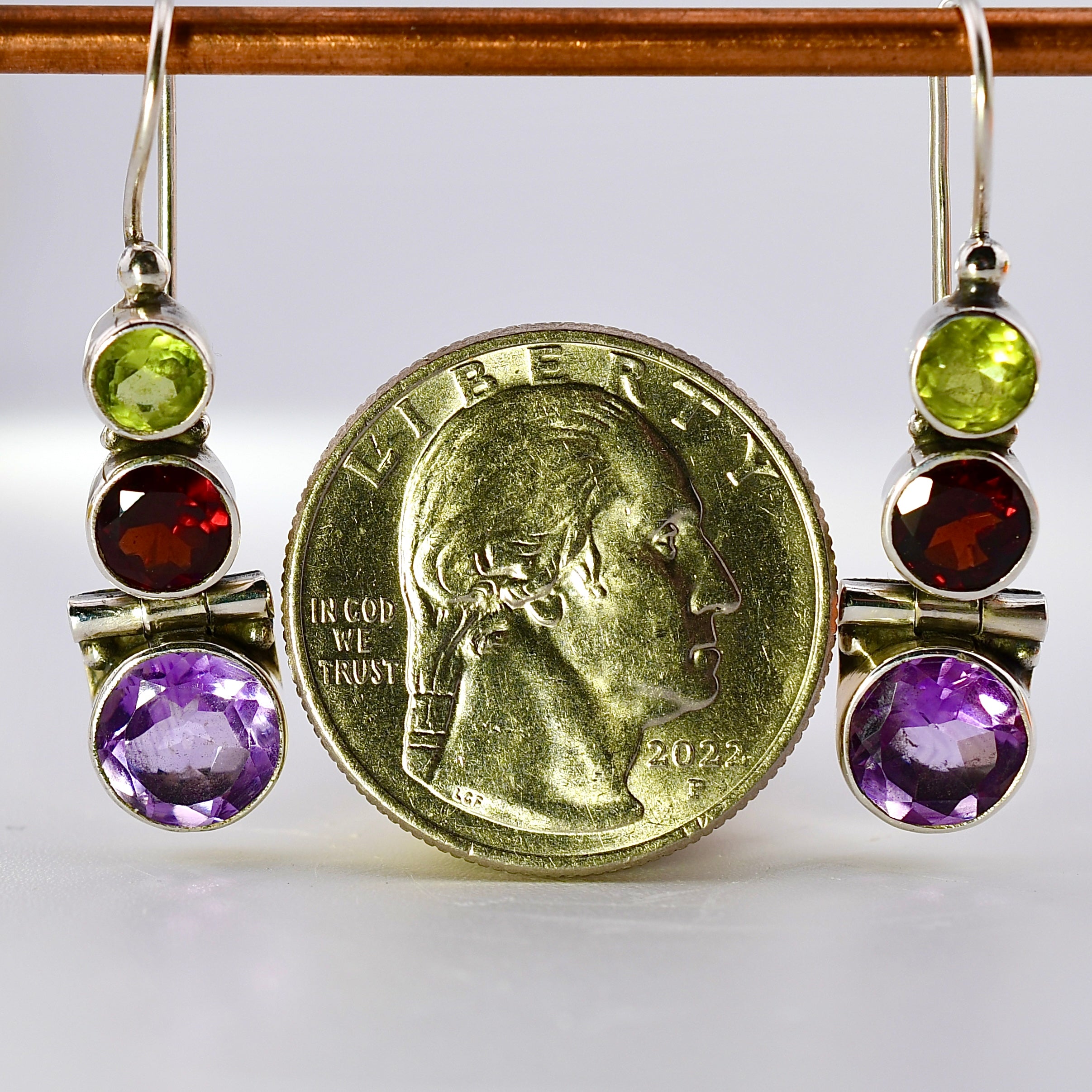 Hinged Peridot, Garnet, & Amethyst Earrings