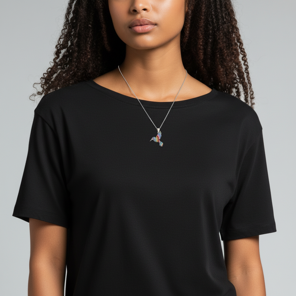 Sterling silver hummingbird necklace with colorful crystal mosaic body and wings, on a silver chain.