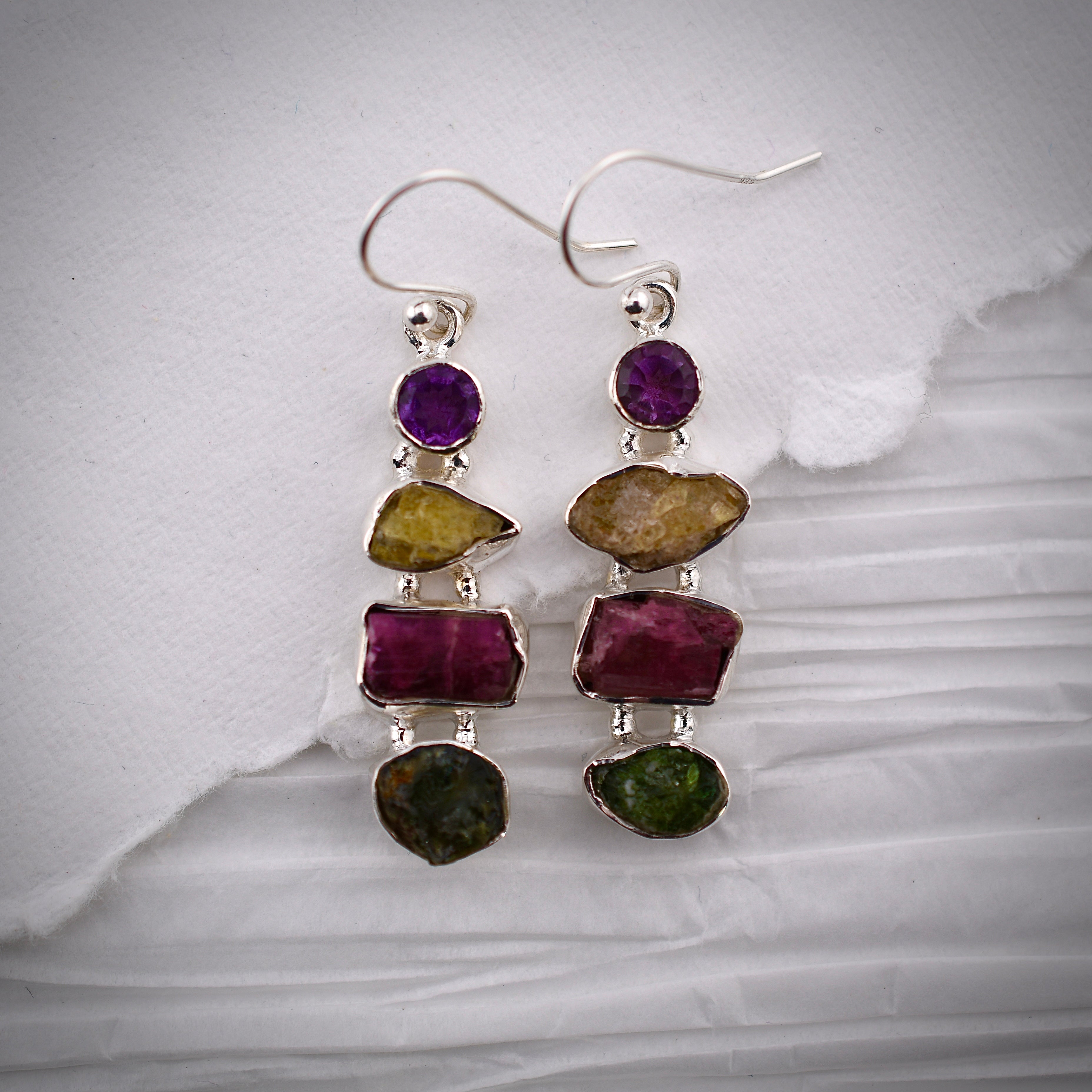 Raw Tourmaline and Amethyst Earrings