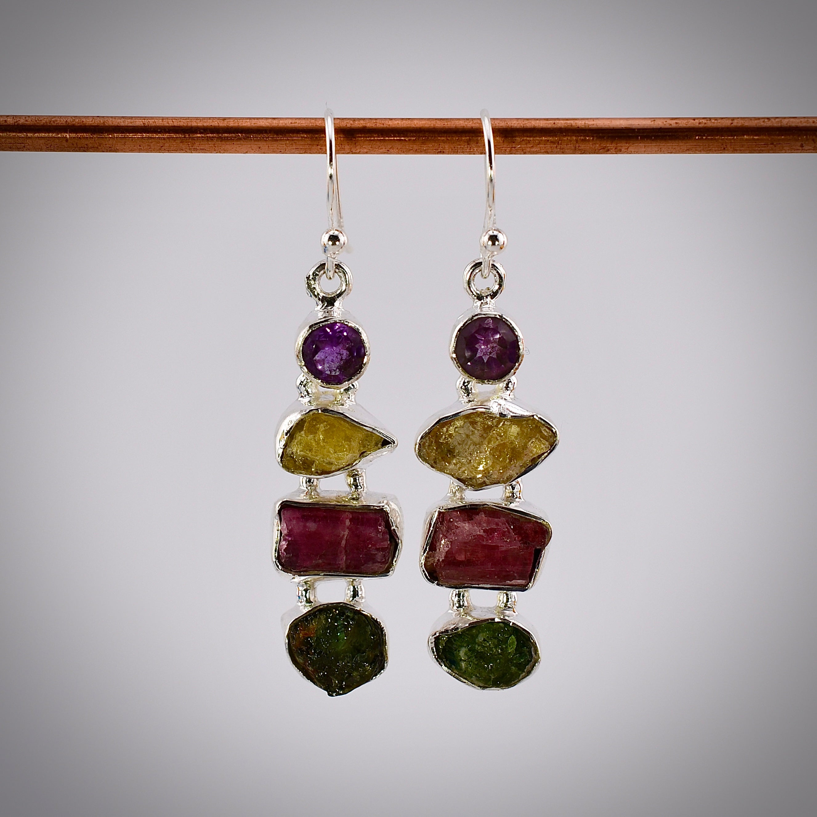 Raw Tourmaline and Amethyst Earrings