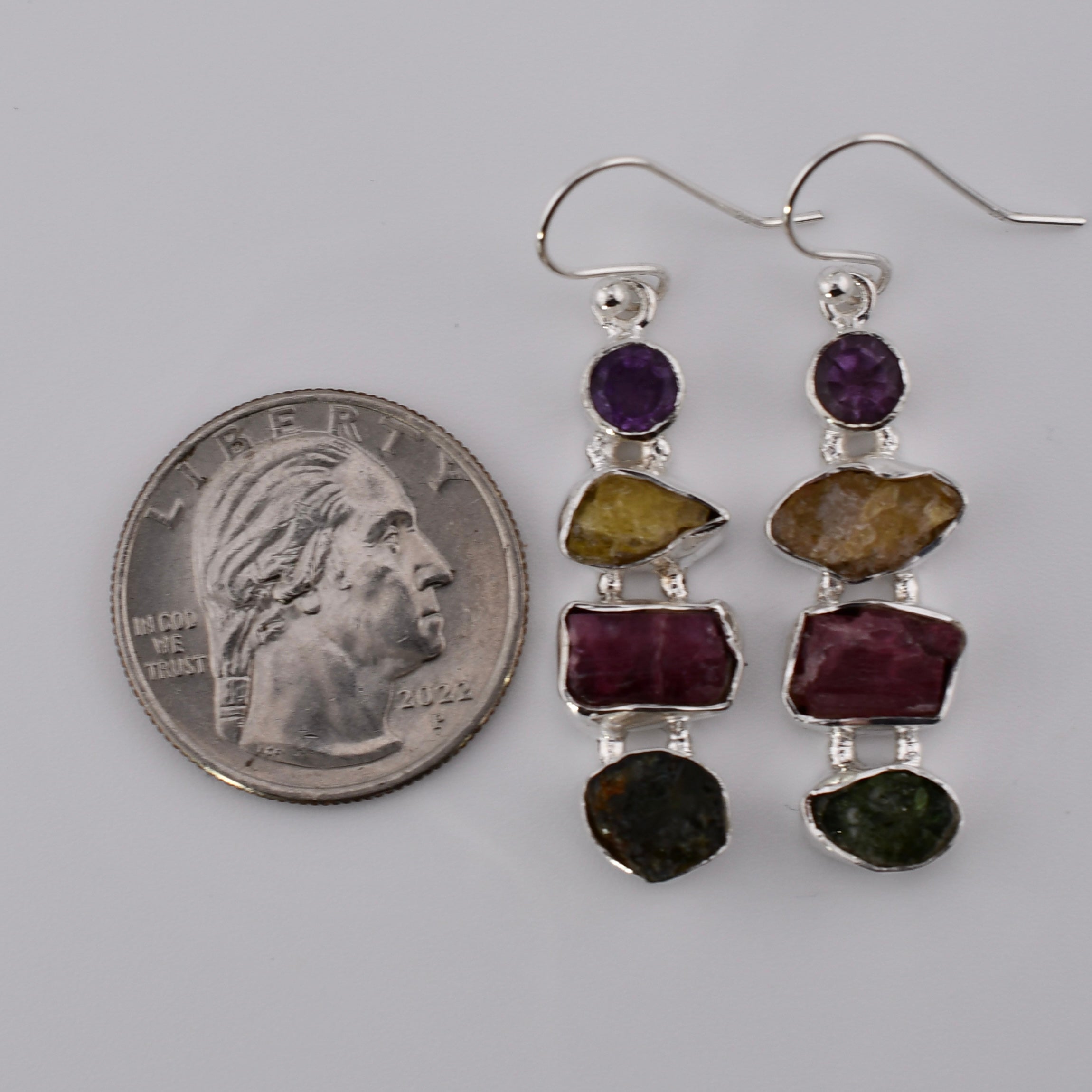 Raw Tourmaline and Amethyst Earrings