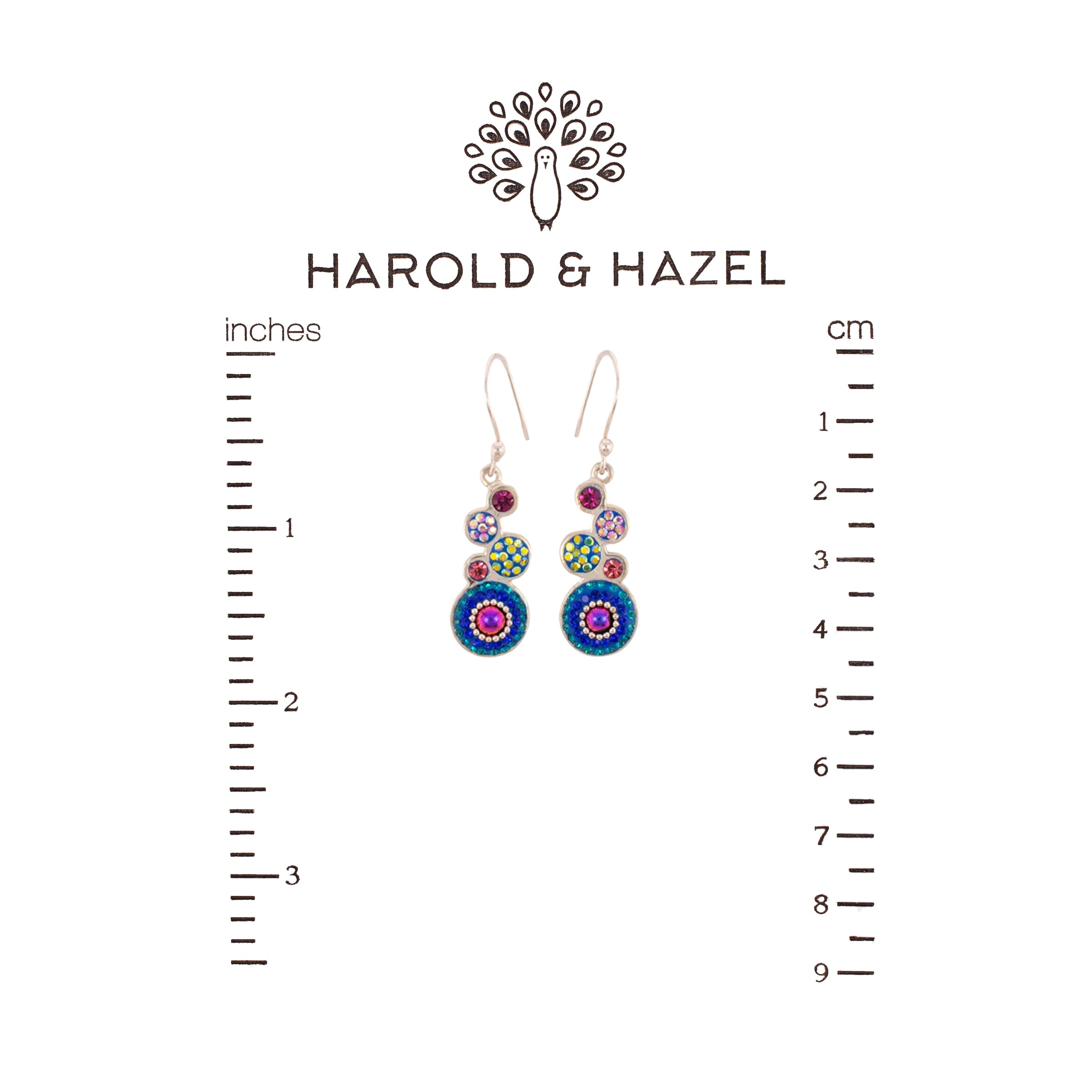 Sterling silver dangle earrings featuring stacked circles in berry, lavender, blush, blue, and yellow hues, accented with crystals.